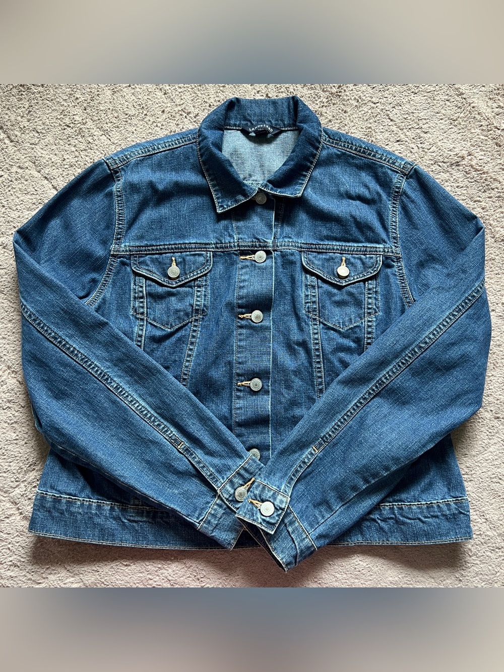 Lands' End Denim Jean Jacket Cotton Trucker Biker‎ Moto Western Rodeo Chic Sz L